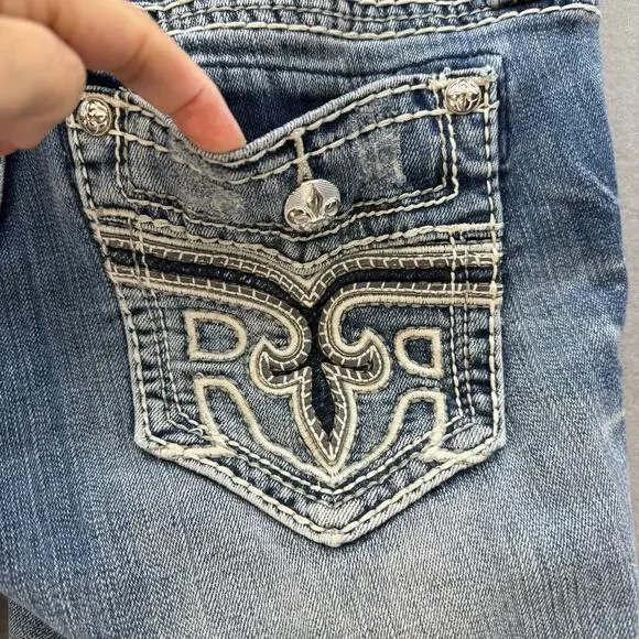 Rock Revival Jeans Womens 27 (4) Blue Anzelie Easy Boot Faux Pocket Flaps Blingy - Picture 4 of 16